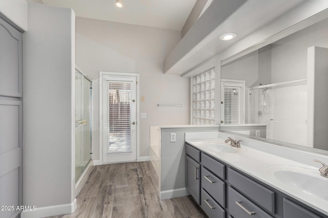 full bath featuring wood finished floors, a stall shower, and a sink