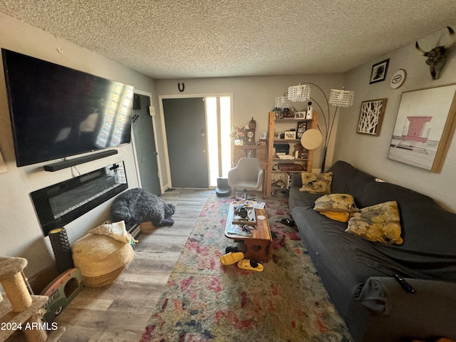 living room with a textured ceiling and hardwood / wood-style flooring