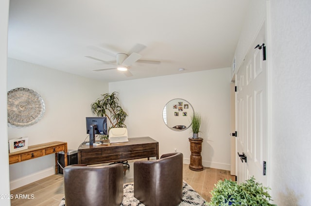 office featuring ceiling fan and light wood-type flooring
