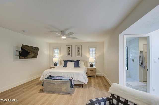 bedroom featuring light hardwood / wood-style flooring and ceiling fan