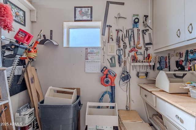 interior space featuring a workshop area