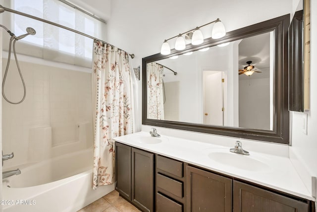 8009 W Salter Dr, Peoria, AZ 85382 - full bathroom featuring shower / bath combo with shower curtain, double vanity, a ceiling fan, and tile patterned floors