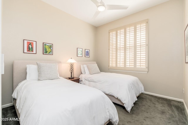 bedroom featuring carpet floors, baseboards, and ceiling fan