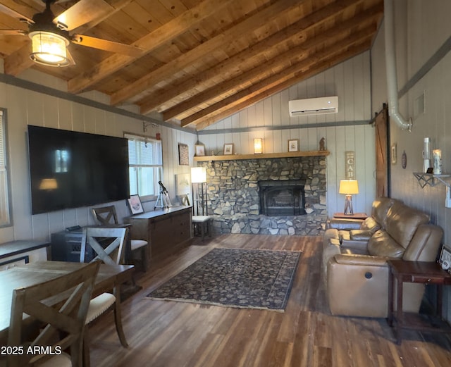 living room featuring a wall mounted AC, wooden walls, wooden ceiling, beamed ceiling, and hardwood / wood-style floors