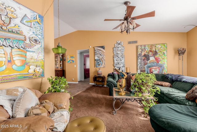 carpeted living room featuring lofted ceiling and ceiling fan