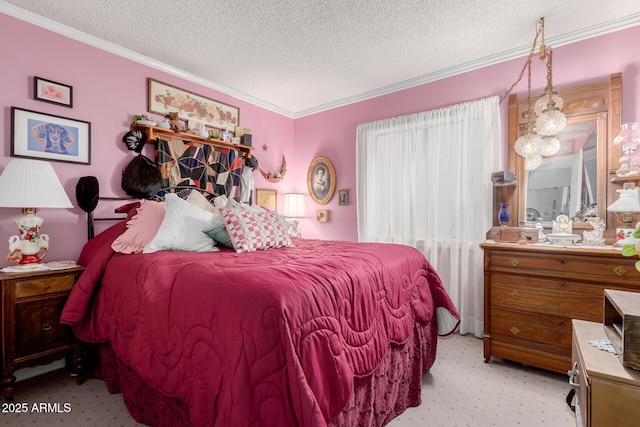 bedroom with ornamental molding and a textured ceiling