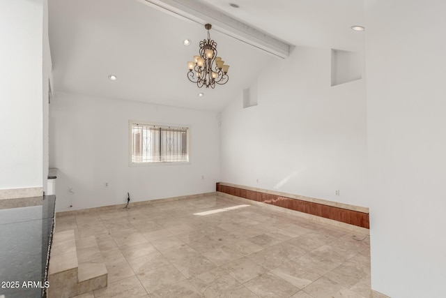 unfurnished room with beamed ceiling, high vaulted ceiling, and an inviting chandelier