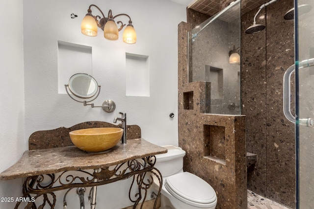 bathroom featuring toilet, a shower with door, and sink