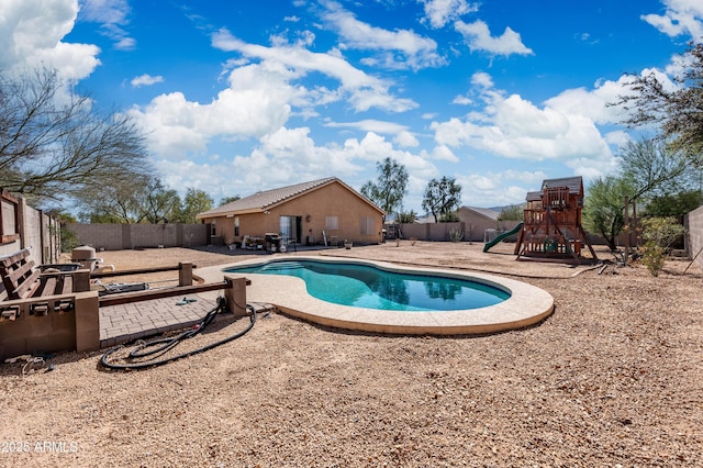 view of pool featuring a fenced backyard, a fenced in pool, a playground, and a patio