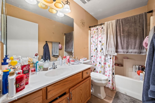 full bath with visible vents, toilet, tile patterned floors, shower / bath combo with shower curtain, and vanity