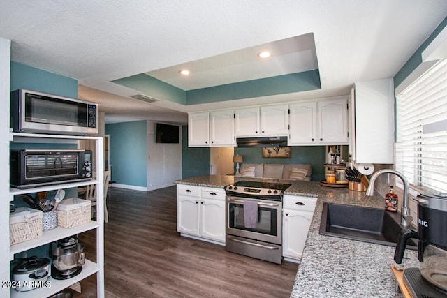 kitchen with appliances with stainless steel finishes, sink, a tray ceiling, white cabinetry, and dark hardwood / wood-style floors