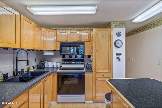 1987 Stagg Run, Overgaard, AZ 85933 - kitchen featuring range with electric stovetop, sink, backsplash, and light hardwood / wood-style floors