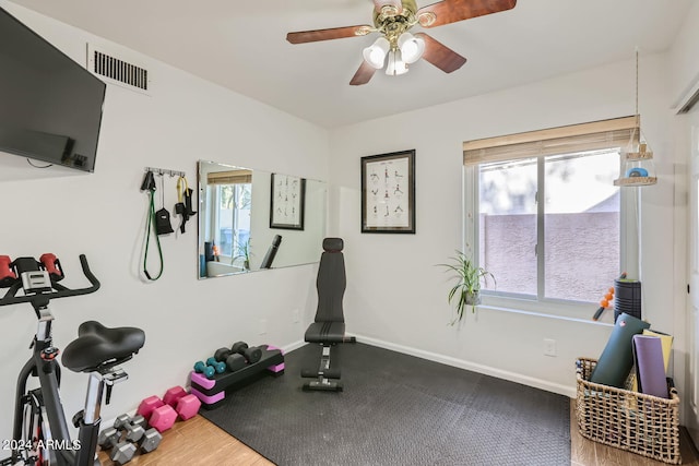 exercise area featuring hardwood / wood-style floors and ceiling fan