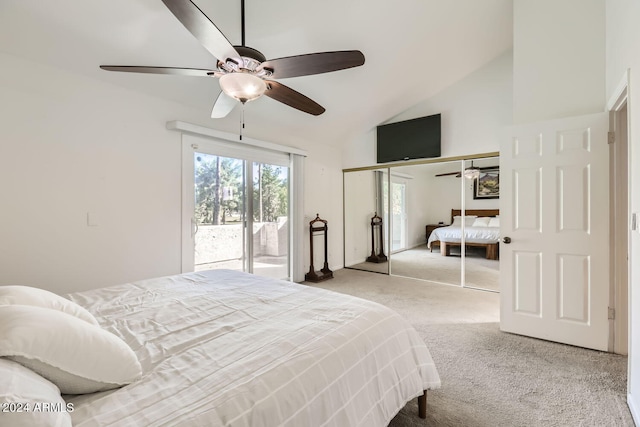 bedroom with a closet, light carpet, high vaulted ceiling, and ceiling fan