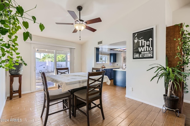 dining space featuring light wood-type flooring and ceiling fan