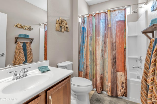 bathroom featuring shower / bath combination with curtain, toilet, and vanity