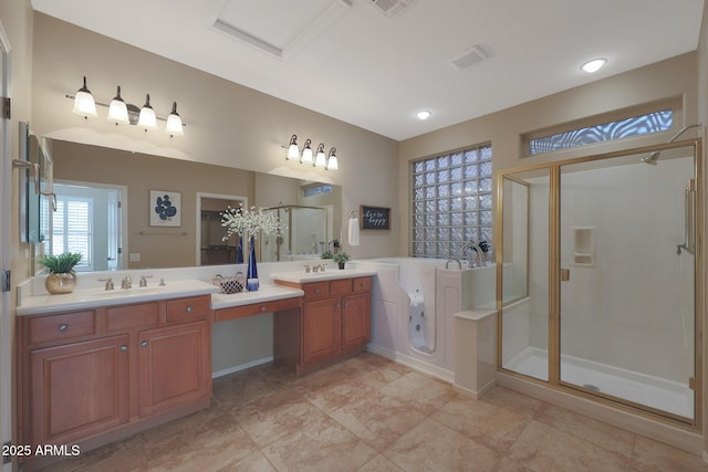 bathroom featuring vanity and a shower with door