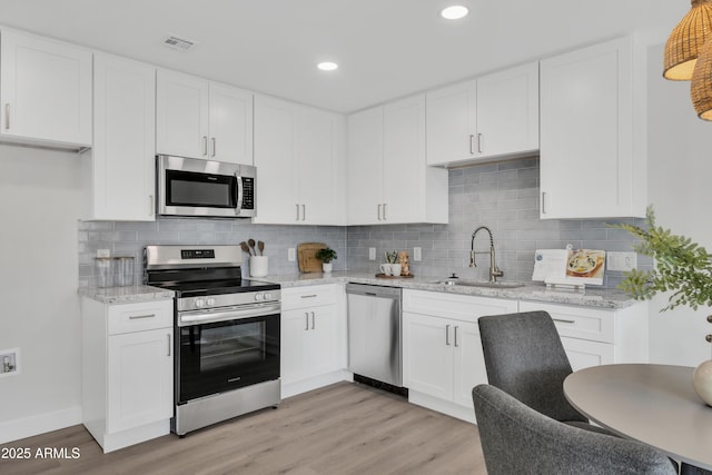 kitchen with white cabinetry, visible vents, stainless steel appliances, and a sink