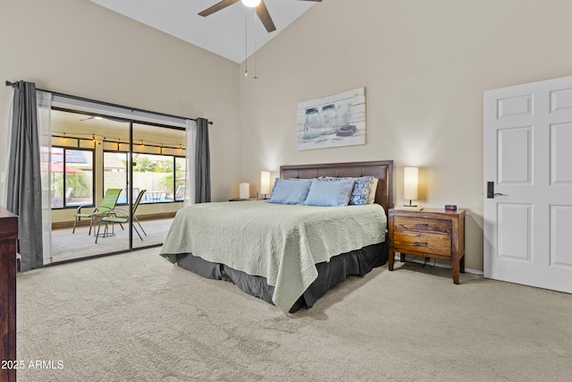 carpeted bedroom with baseboards, a ceiling fan, high vaulted ceiling, and access to exterior