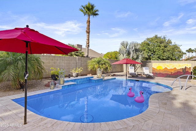 view of swimming pool featuring a fenced backyard, a fenced in pool, and a patio area