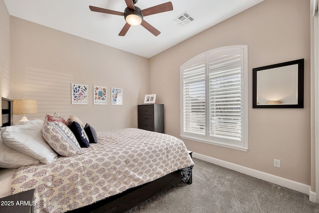 bedroom featuring visible vents, ceiling fan, baseboards, and carpet