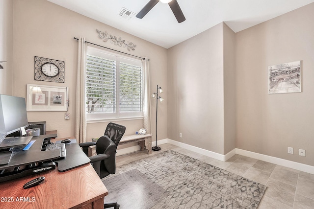 office area featuring a ceiling fan, visible vents, and baseboards