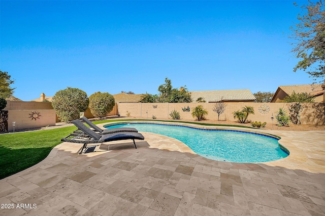 view of pool featuring a patio area, a fenced in pool, and a fenced backyard