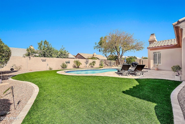 view of yard with a patio, a fenced backyard, and a fenced in pool