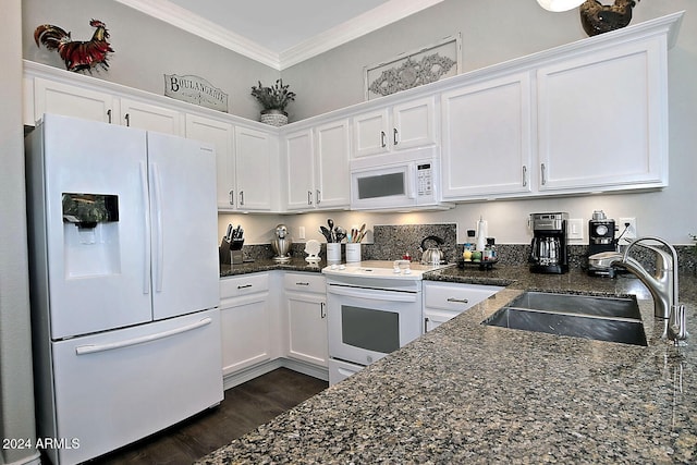 kitchen featuring white cabinetry, white appliances, and sink