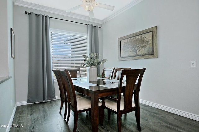 dining area with crown molding, dark hardwood / wood-style flooring, and ceiling fan