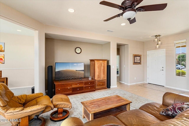 living room featuring ceiling fan