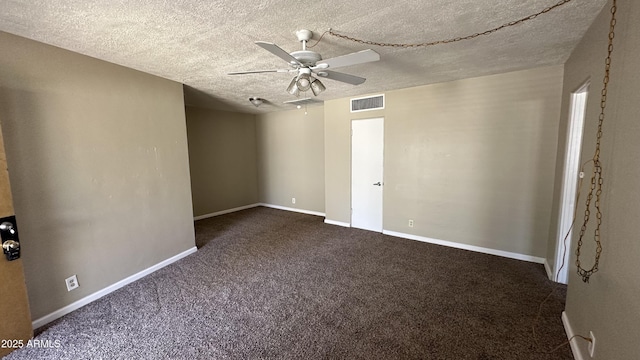 unfurnished room featuring ceiling fan, a textured ceiling, and dark colored carpet