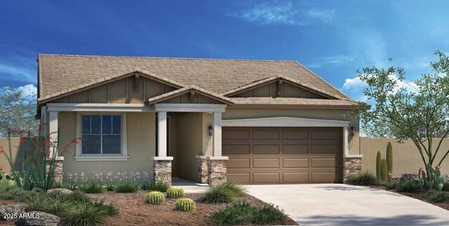 19022 W Rose Ln, Waddell, AZ 85355 - craftsman-style home with stone siding, concrete driveway, stucco siding, fence, and an attached garage