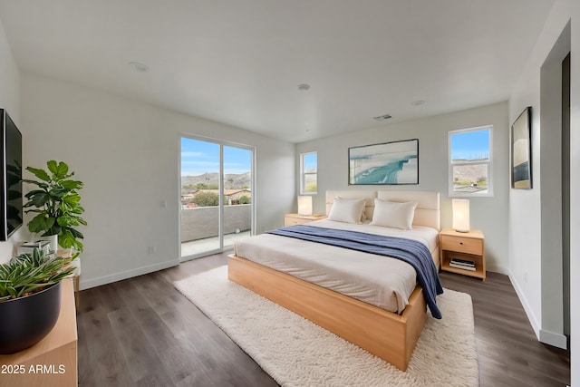 bedroom featuring access to exterior, multiple windows, and dark wood finished floors