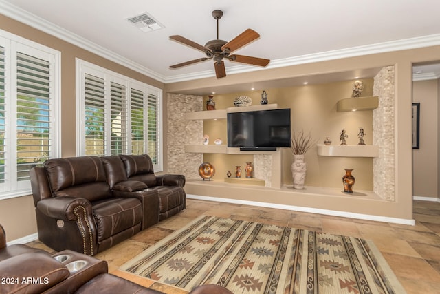 living room featuring ceiling fan and ornamental molding