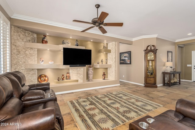 living room featuring ceiling fan and ornamental molding