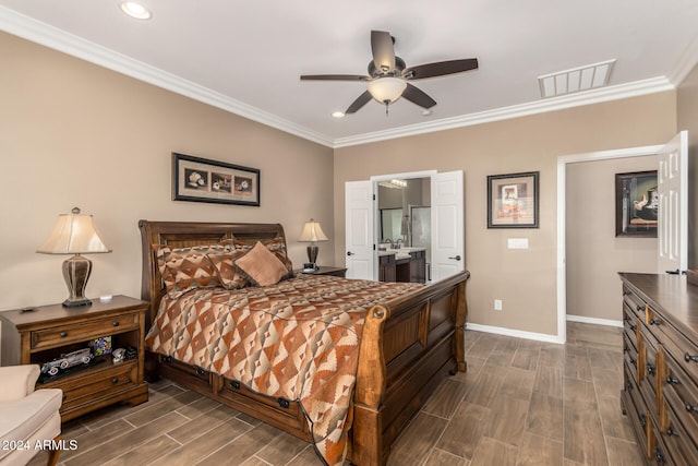 bedroom featuring ceiling fan, dark hardwood / wood-style floors, crown molding, and ensuite bath