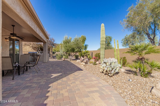 view of patio / terrace featuring ceiling fan