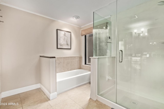 10658 E Cinnabar Ave, Scottsdale, AZ 85258 - bathroom featuring baseboards, tile patterned flooring, crown molding, and a shower stall