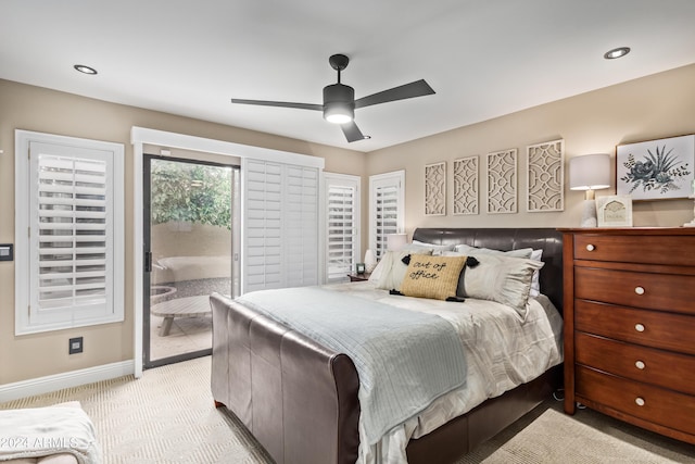 10658 E Cinnabar Ave, Scottsdale, AZ 85258 - bedroom featuring baseboards, light carpet, access to outside, and a ceiling fan