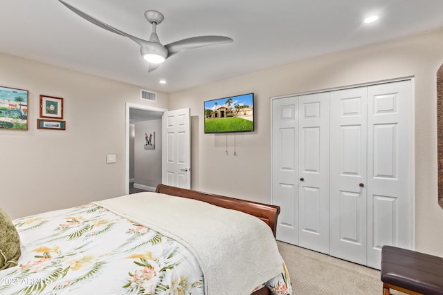 10658 E Cinnabar Ave, Scottsdale, AZ 85258 - bedroom with a closet, visible vents, recessed lighting, light carpet, and a ceiling fan