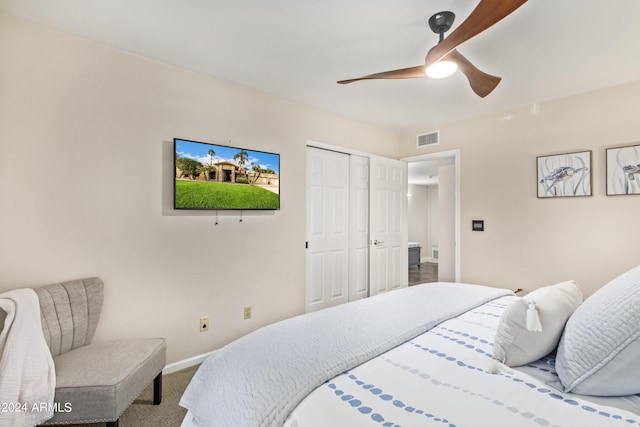 10658 E Cinnabar Ave, Scottsdale, AZ 85258 - bedroom featuring a closet, visible vents, ceiling fan, carpet flooring, and baseboards