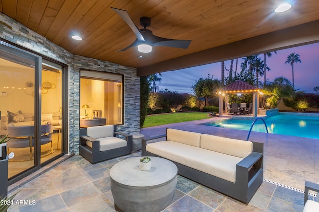10658 E Cinnabar Ave, Scottsdale, AZ 85258 - view of patio / terrace featuring an outdoor hangout area, a gazebo, an outdoor pool, and ceiling fan