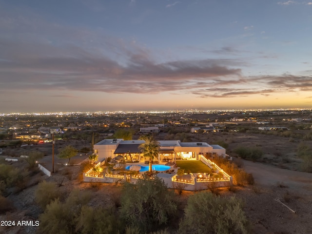 view of aerial view at dusk