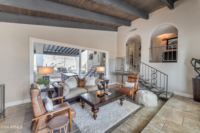 living room featuring wood ceiling and lofted ceiling with beams