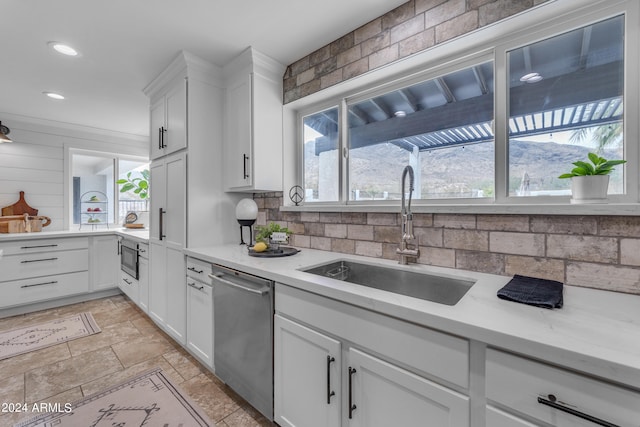 kitchen featuring white cabinets, sink, backsplash, stainless steel dishwasher, and built in microwave