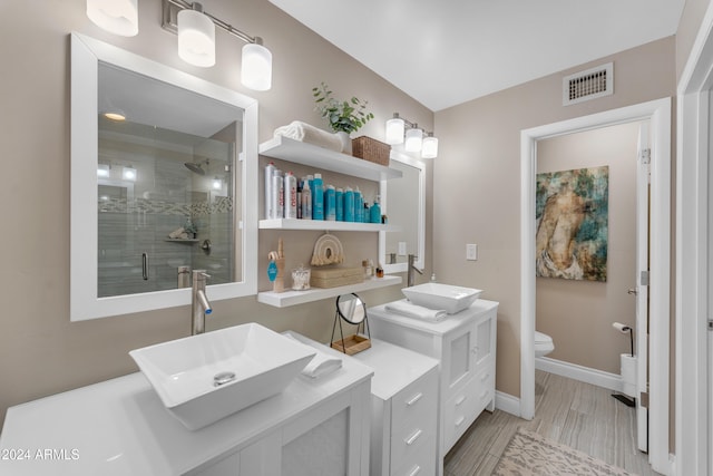 bathroom featuring toilet, a shower with door, and vanity