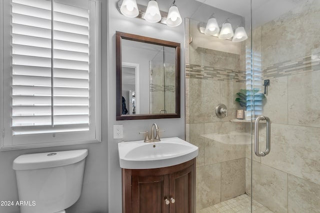 bathroom with an enclosed shower, vanity, and toilet