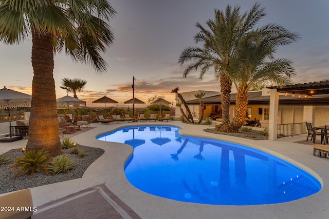 pool at dusk featuring a patio