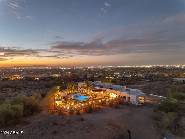 view of aerial view at dusk